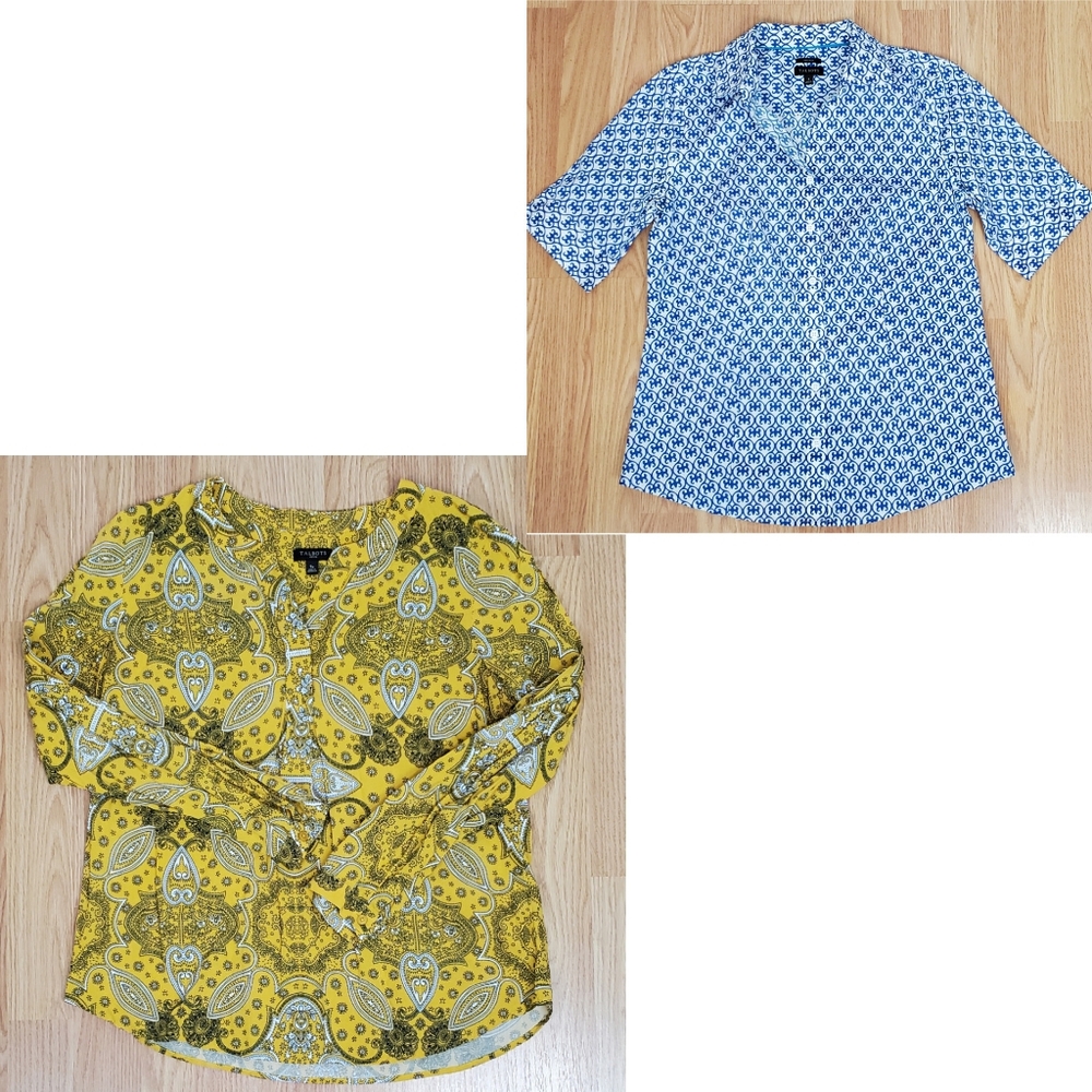 Talbots small petite / 2 bundle top short roll sleeve yellow blue non iron boho